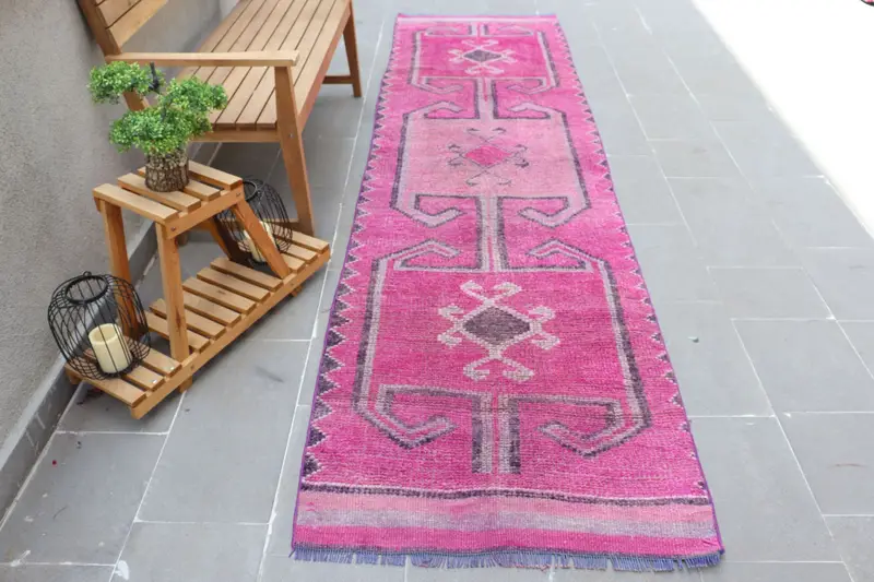 3x11,2 ft türkischer Teppich, Vintage Läuferteppich, rosa lila Patchworkteppich - 1