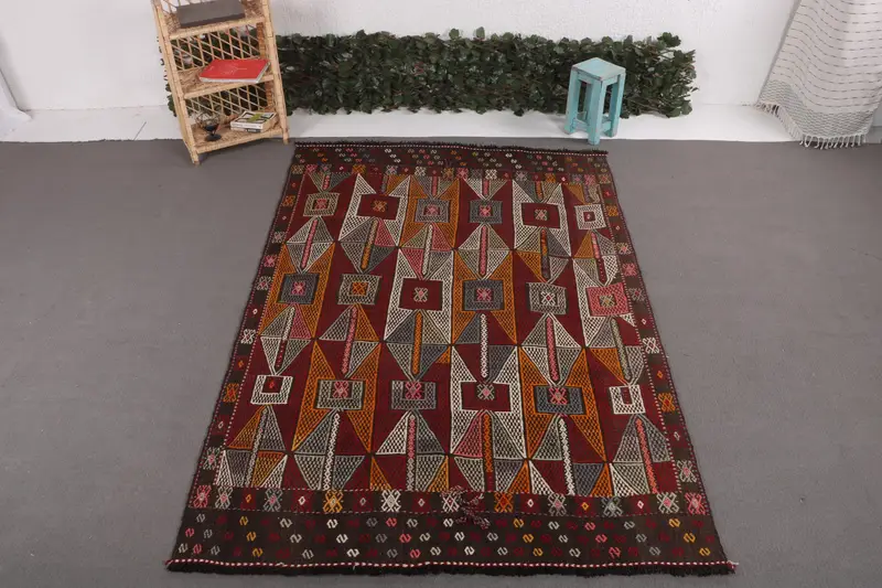 Turkish 5.1x7.4 ft Rug, Oversize Vintage Rug, Brown Solid Wool Rug - 1