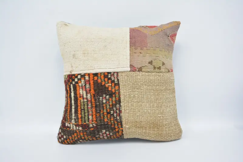 Vintage Kilim Pillow, Interior Designer Pillow, Neutral Cushion Case, 16x16 White Pillow Sham, Ethnical Kilim Rug Pillow, Cushion Cover - 1