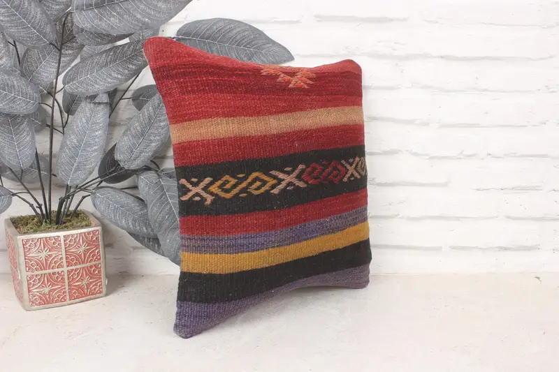 Pillow Sham, Kilim Pillow, Neutral Cushion, Ethnical Kilim Rug Pillow, Antique Pillows, 14x14 Red Cushion Cover, Cotton Pillow - 3