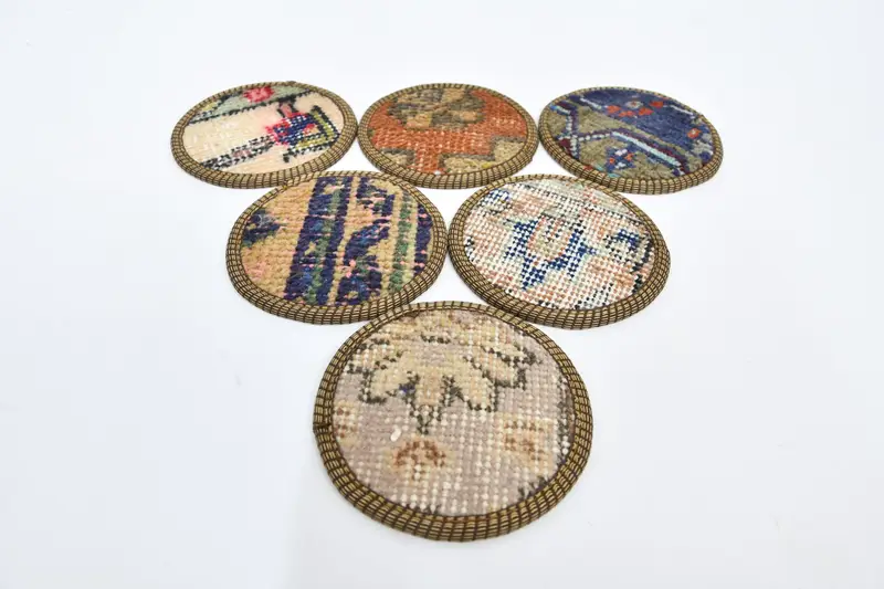 Posavasos Kilim azules y beige, posavasos de alfombra redonda étnica