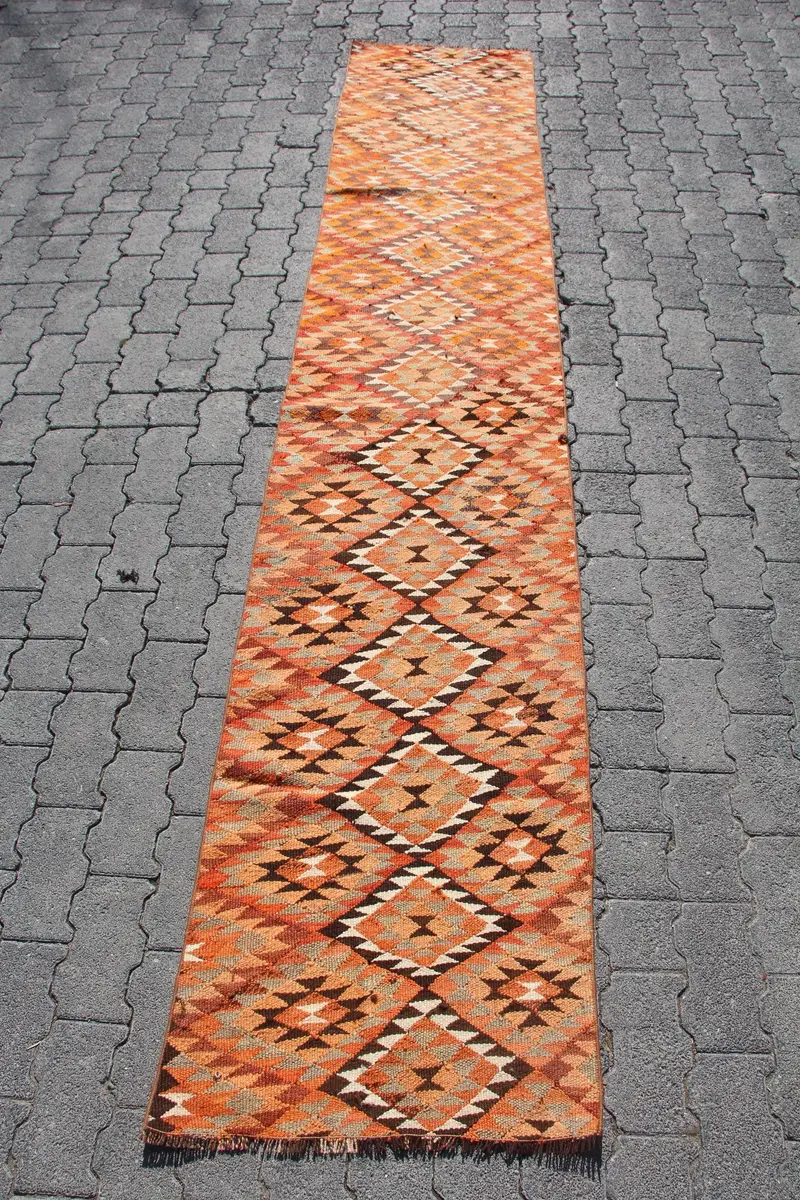 1.9x10.1 ft Rug, Vintage Kilim Rug, Turkish Orange Wool Solid Rug - 1