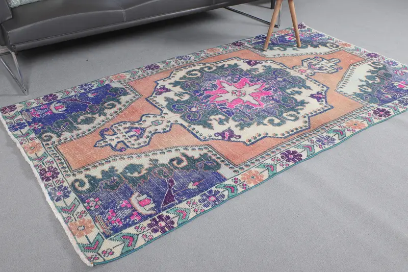 Türk Vintage Halı 4.1x7.5 ft, Mavi Oushak Bordürlü Halı - 1