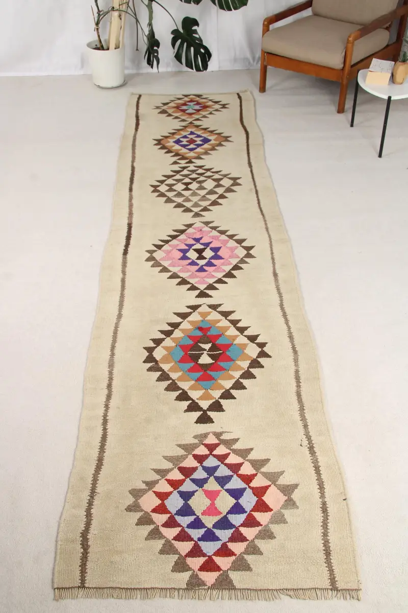 2.9x11.9 ft Rug, Turkish Vintage Rug, Brown Abstract Wool Rug - 1