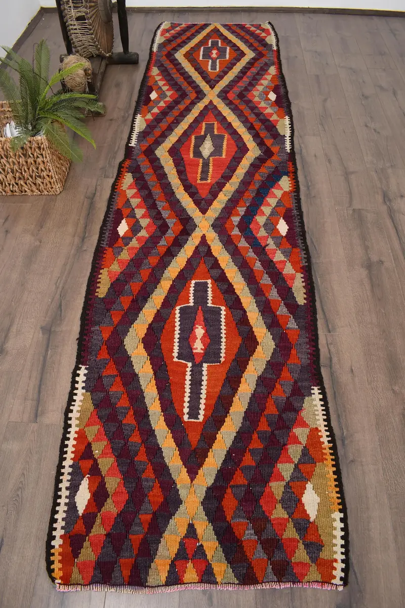 Vintage 2,7x11,1 ft Teppich, türkischer Läuferteppich, rot gepunkteter Teppich - 1