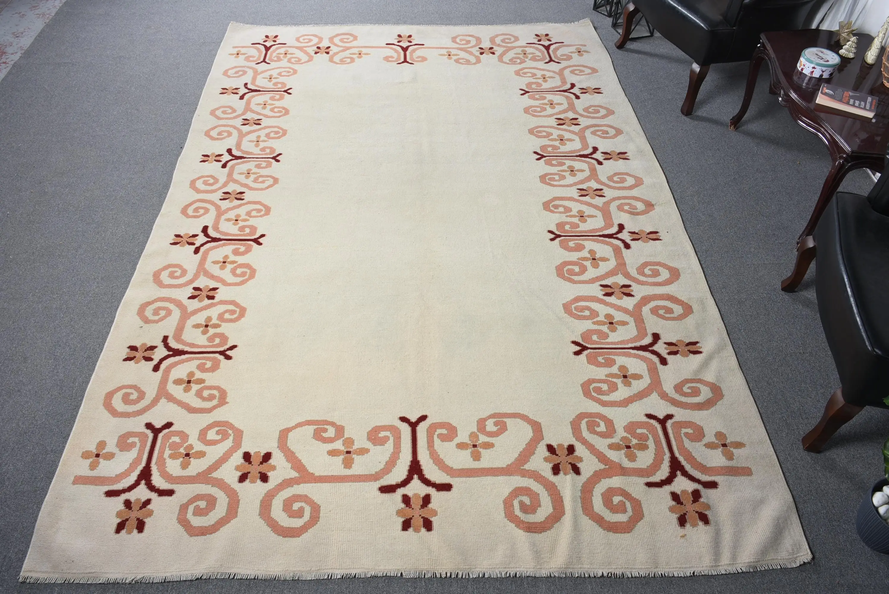 Vintage Büyük Halı 6.7x10 ft, Beyaz Kahverengi Çiçekli Halı Yün - 1