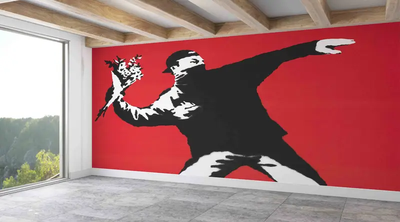 Modern Mekanlar için Zarif Banksy Çiçek Grafiti Baskılı Duvar Kağıdı