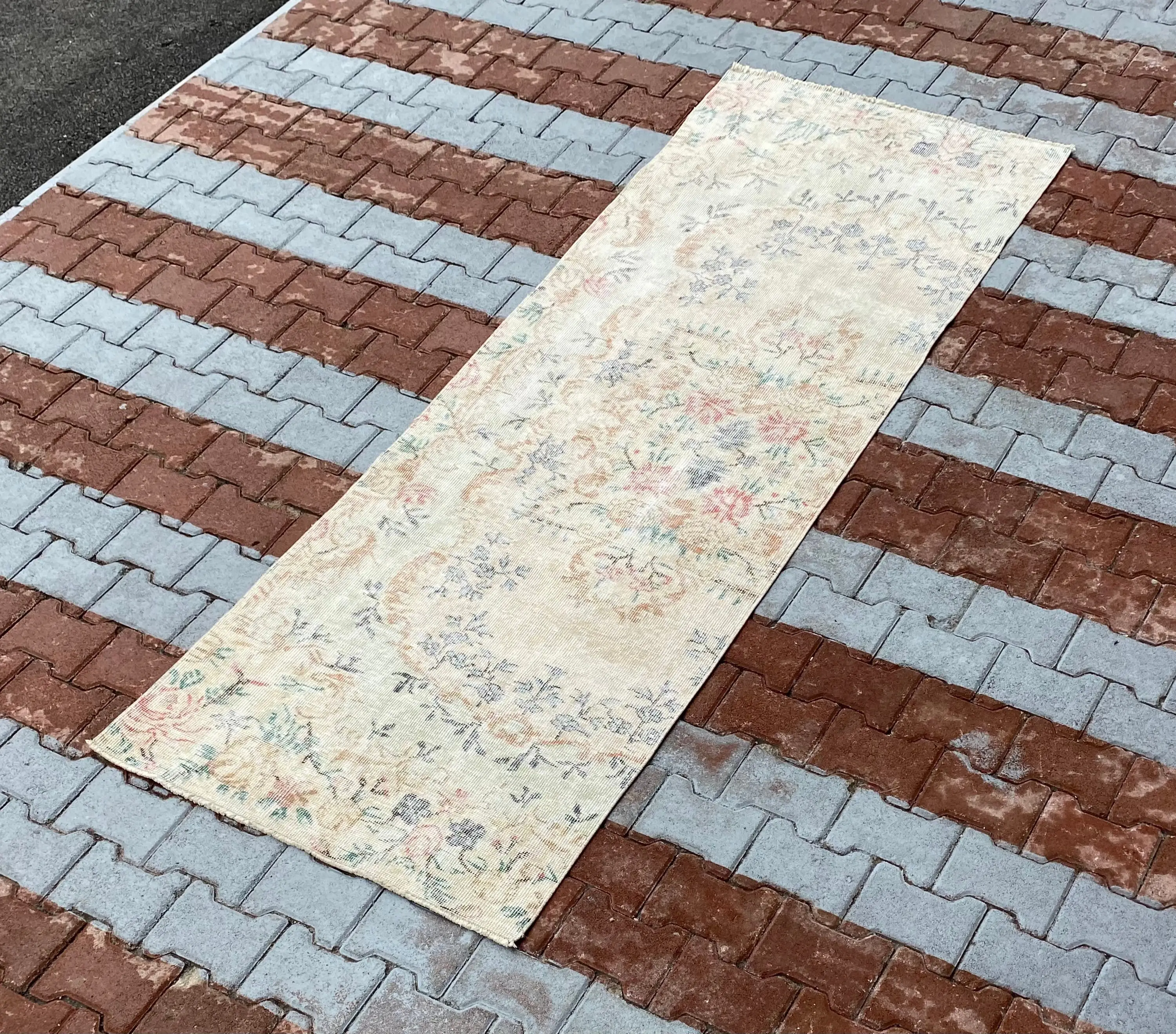 3x8.5 ft Rug, Vintage Turkish Rug, Brown Blue Floral Wool Rug - 1