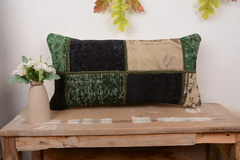 Handmade Green & Beige Patchwork Throw Pillow, 12x24 Vintage Rectangle Pillow