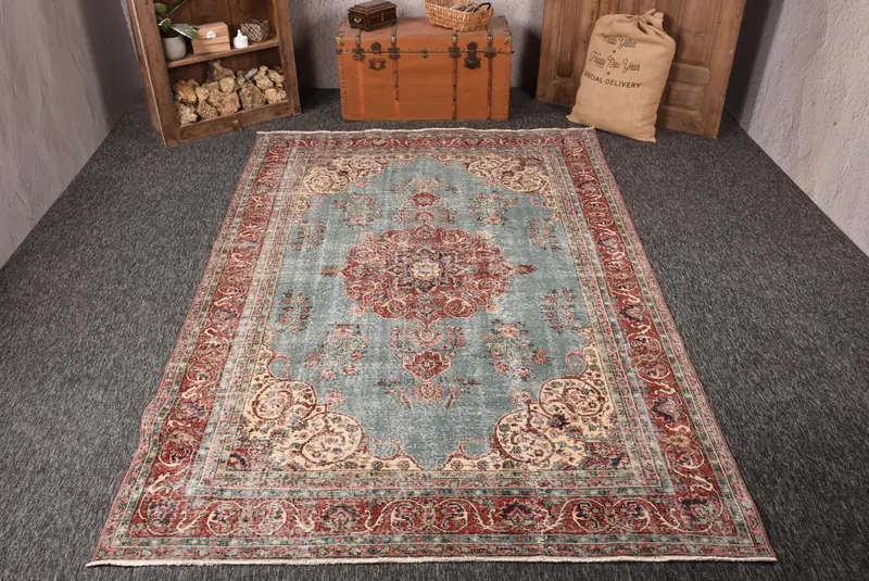Türk Vintage Oushak Halı 6.5x10.4 ft, turkuaz Büyük Çiçekli Yün Halı - 1