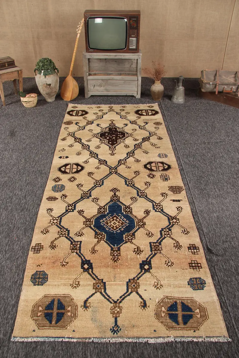 Alfombra Vintage Runner, alfombra turca de 4x10,2 pies, alfombra de lana floral marrón - 1