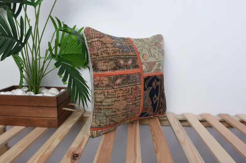Gift Pillow, Kilim Rug Pillow Case, Turkish Pillow, Patio Cushion Cover, 16x16 Brown Cushion Cover, Handmade Kilim Cushion, Cushion Case - 4