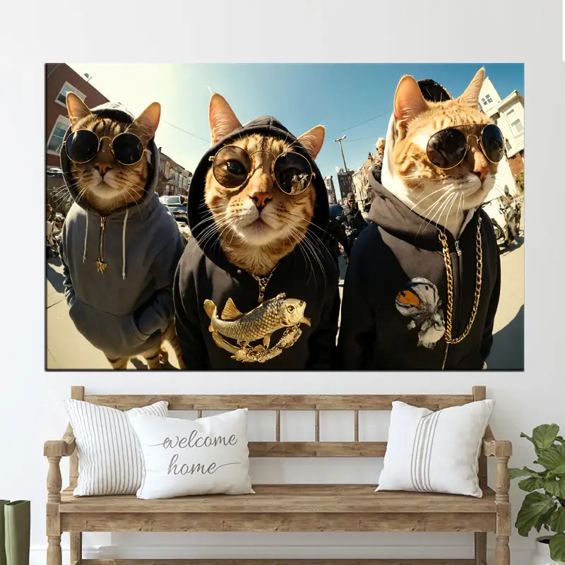 Artistic Cat Canvas: Hat, Glasses, Thug Life, Unique Design