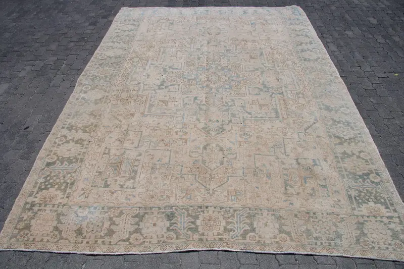 Turkish Vintage Rug 8.6x11.7 ft, Oushak Blue Floral Wool Rug - 1