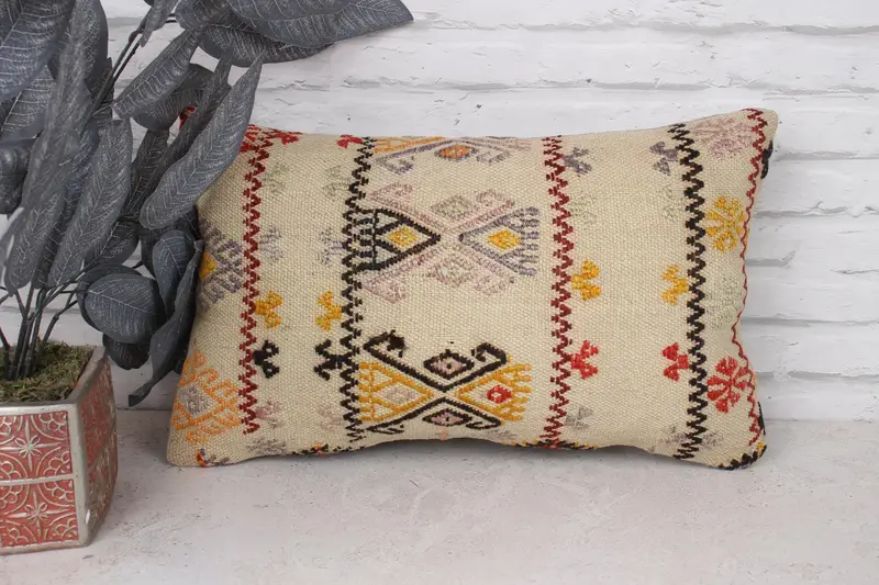 Antique Pillows, Handmade Kilim Cushion, Home Decor Pillow, Patio Pillow Case, Pillow Case, 12x20 Beige Pillow Cover, Boho Throw Pillow Case - 1