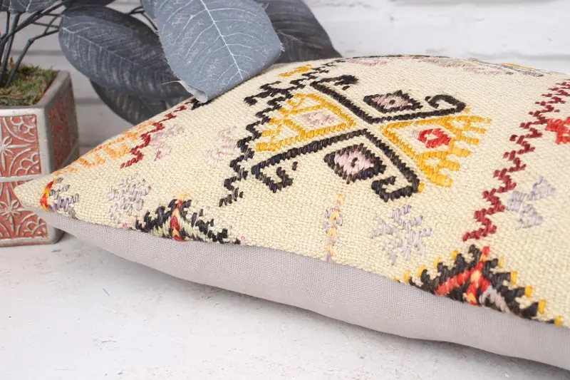 Antique Pillows, Handmade Kilim Cushion, Home Decor Pillow, Patio Pillow Case, Pillow Case, 12x20 Beige Pillow Cover, Boho Throw Pillow Case - 6