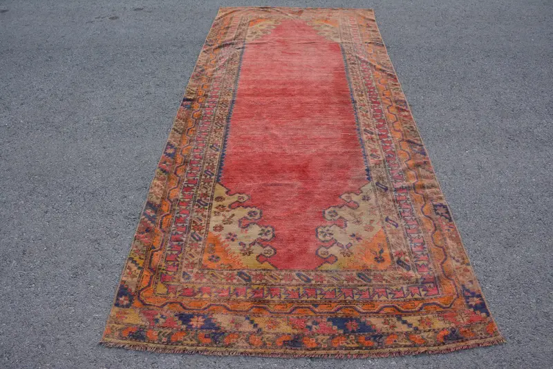 Vintage 4.7x11.3 ft Rug, Large Turkish Rug, Red Blue Check Rug - 1