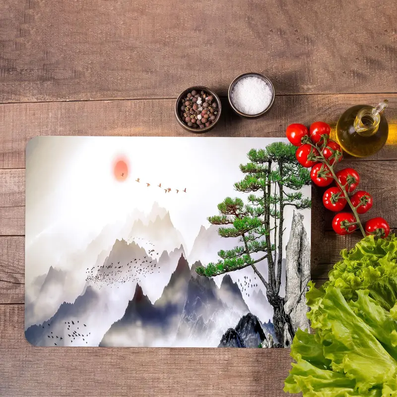 Translucent Glass Cutting Board with Japanese Mountain Landscape Design
