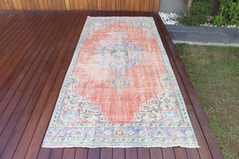 Türk 4x8.9 ft Halı, Oushak Vintage Halı, Kırmızı Ombré Yün Halı - 1