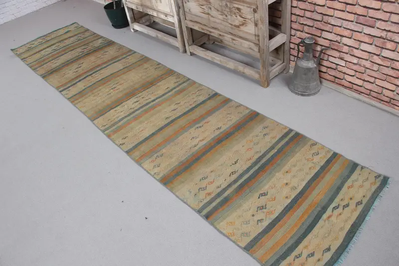Vintage Halı, Yolluk 2.4x11.2 ft Türk Halısı, Kahverengi Mavi Çiçekli Yün Halı - 1