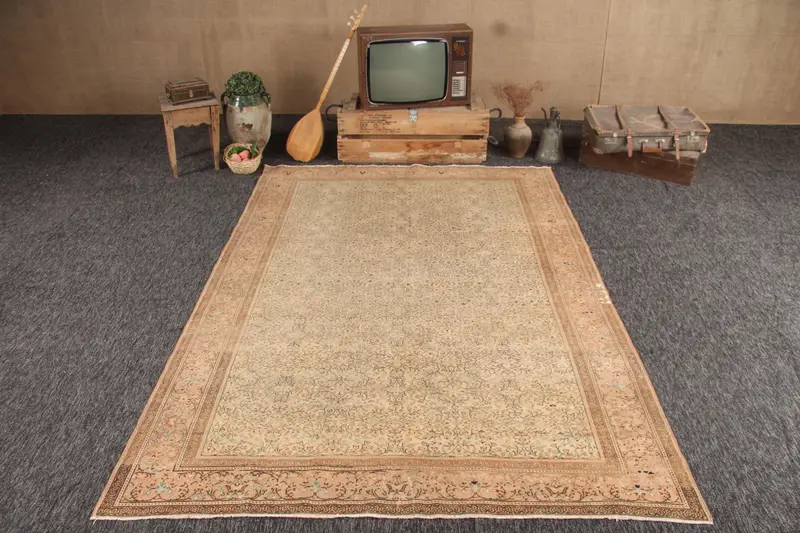 6.2x9 ft Rug, Turkish Vintage Rug, Brown Check Wool Rug - 1
