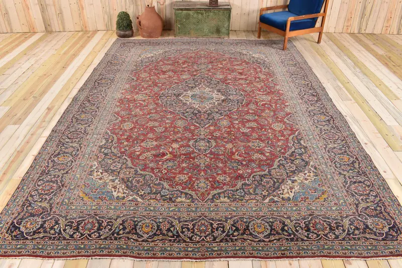 Zarif Kırmızı Oryantal Halı, Mavi Desenli 9,6x13,1 ft