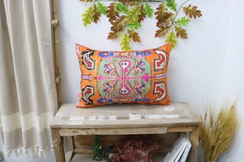 Orange & Bronze besticktes Wurfkissen, Vintage Quadratisches Kissen