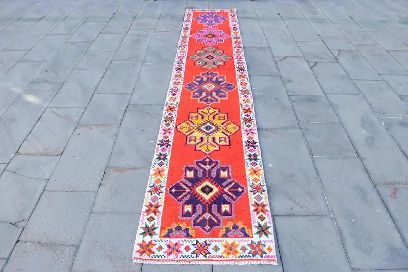 Vintage Turkish Rug, 2.1x12 ft Herki Rug, Red Blue Bordered Wool Rug - 1