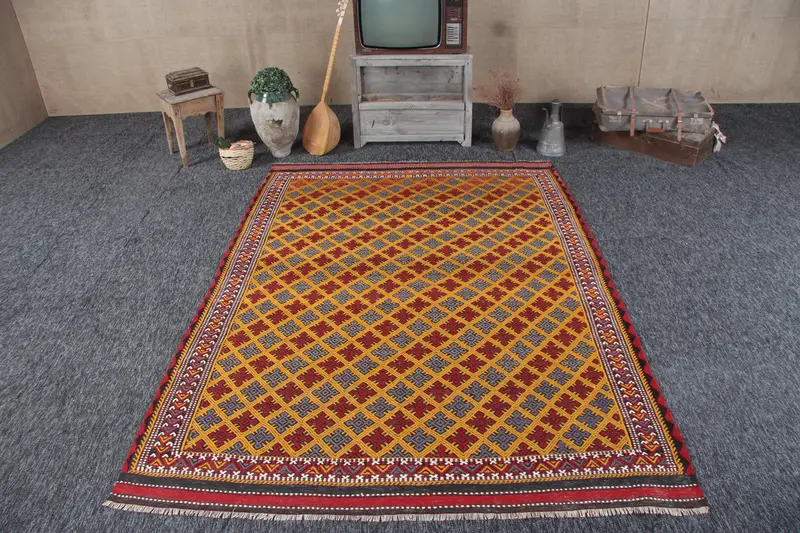 Vintage 6.2x8.4 ft Rug, Large Turkish Rug, Red Animal Print Wool Rug - 1