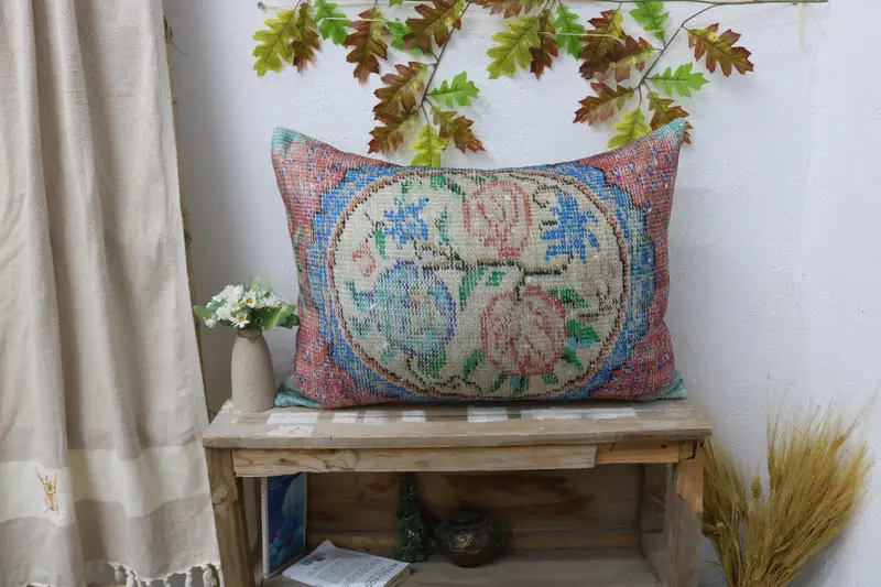 Orange & Green Embroidered Throw Pillow, Vintage Square Pillow