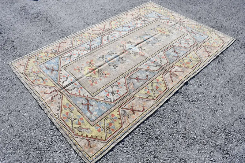 5.1x7.8 ft Halı, Türk Vintage Halısı, Mavi Oushak Yün Halı - 1