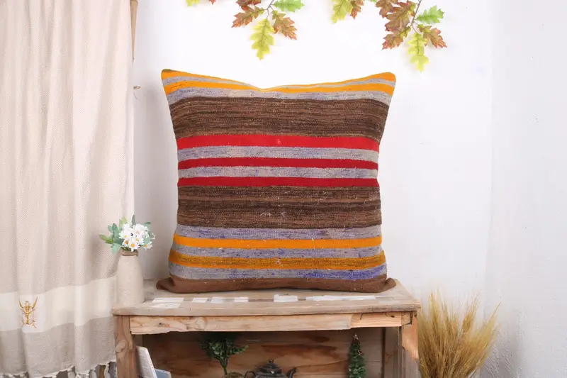 Kilim Pillow Cover, 28x28 Brown Pillow Sham, Colorful Cushion Case, Cushion Case, Antique Pillows, Pillow for Sofa, Knitted Cushion Case - 1