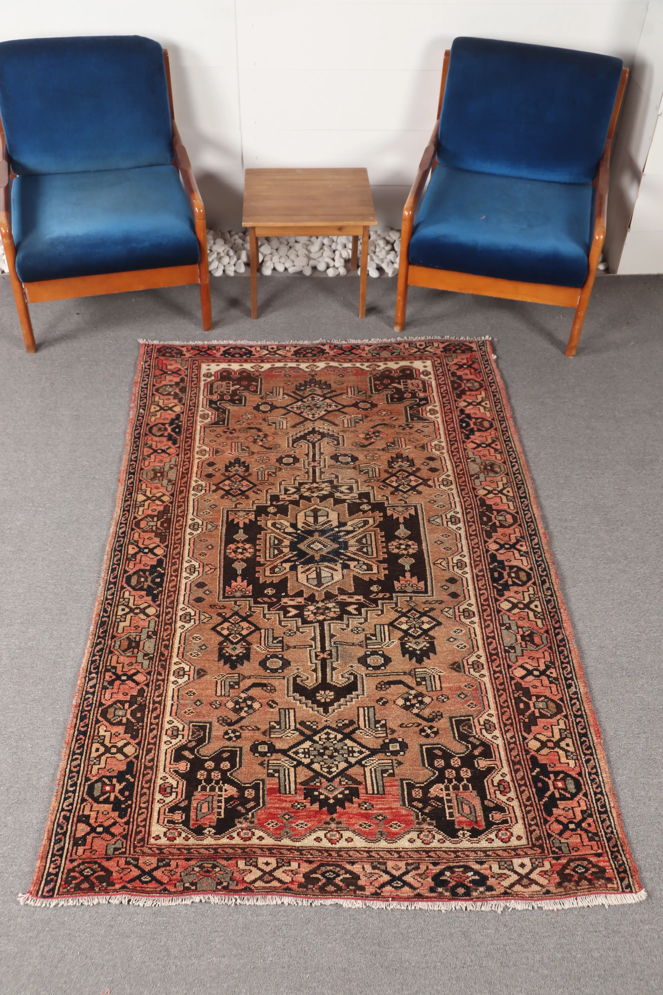 Vintage Turkish Accent Rug 4.2x6.8 ft, Oushak Brown Rug - 1