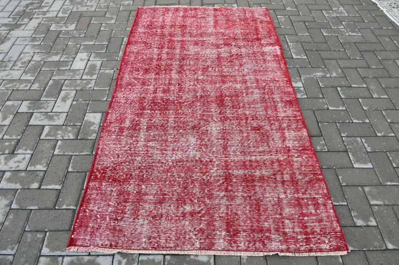 Türk Vintage Alan Halısı 3.7x6.8 ft, Kırmızı Beyaz Kamuflaj Yün Halı - 1
