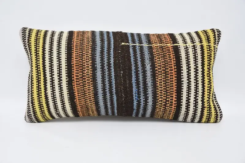 Yellow Turkish Pillow Cover, Antique 30x60 cm Cushion, Striped Couch Pillow - 1