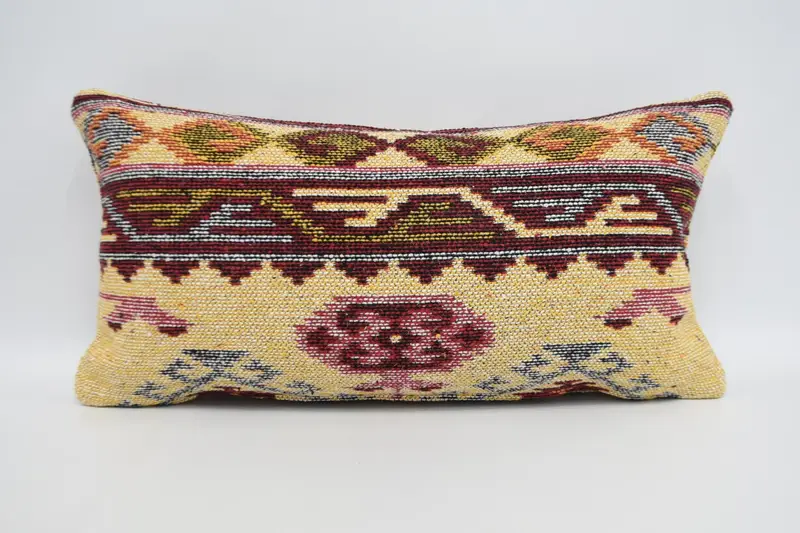 Handwoven Vintage Antique Cushion Cover, 12x24 inch Minimalist Geometric Beige Cushion - 1