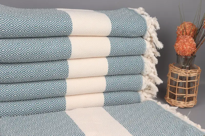 Embroidered Beach Towel Petrol Blue with Diamond Pattern, 40x71 Inches