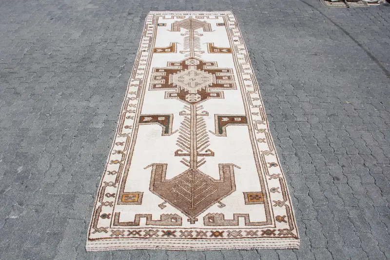 Turkish Rug, 4.4x12.8 ft Runner Vintage Rug, Herki White Brown Floral Rug - 1