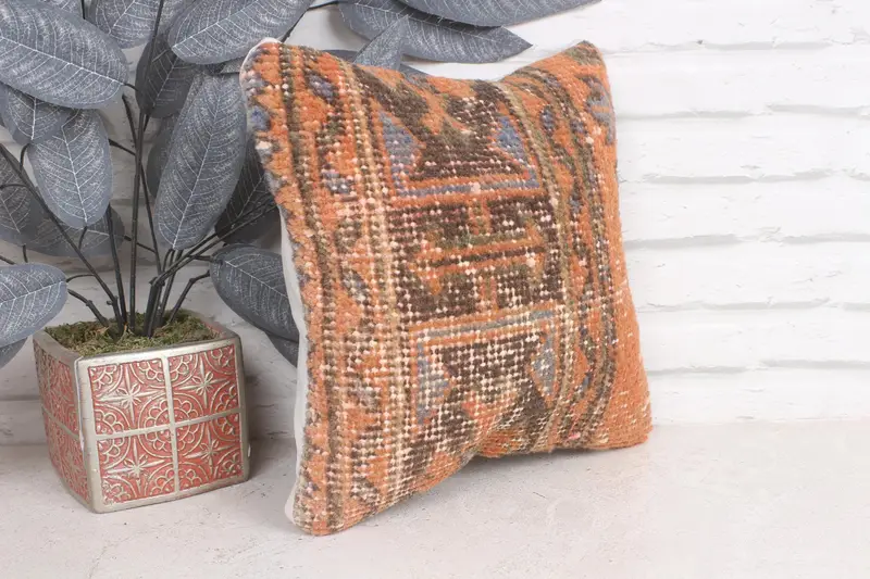 Kilim Cushion Sham, Turkish Pillow, Boho Pillow Sham Cover, Floor Pillow Case, 12x12 Orange Pillow Cover, Cushion - 4