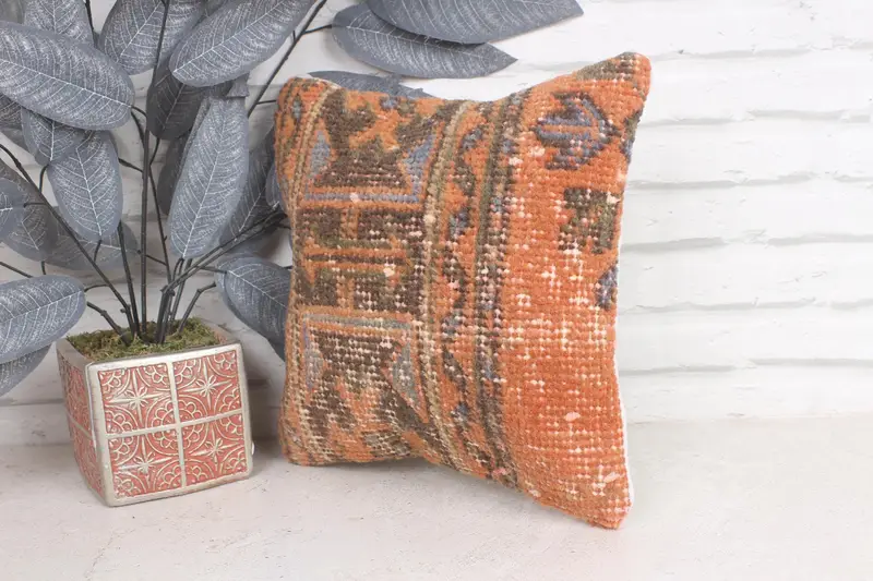 Kilim Cushion Sham, Turkish Pillow, Boho Pillow Sham Cover, Floor Pillow Case, 12x12 Orange Pillow Cover, Cushion - 3