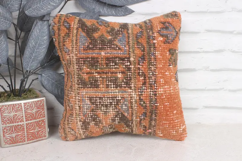 Kilim Cushion Sham, Turkish Pillow, Boho Pillow Sham Cover, Floor Pillow Case, 12x12 Orange Pillow Cover, Cushion - 1