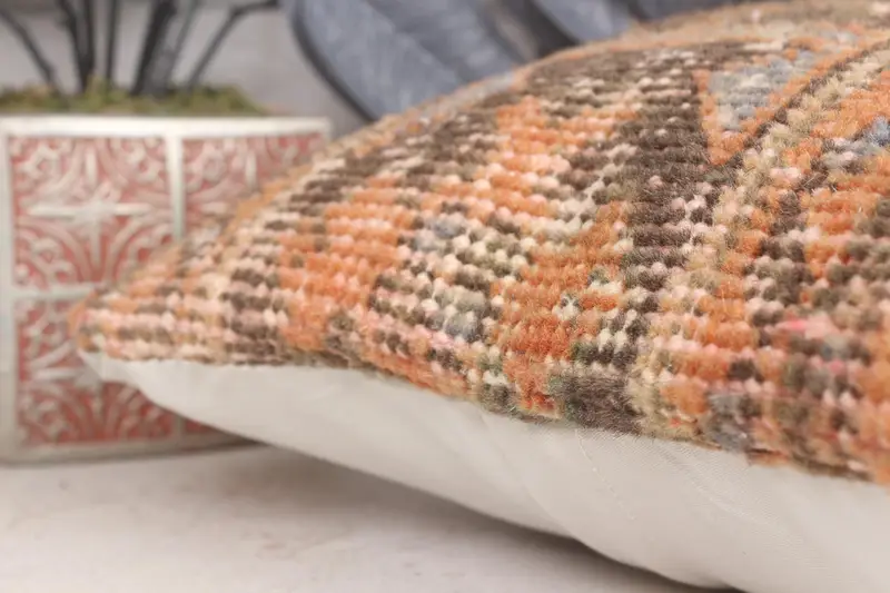 Kilim Cushion Sham, Turkish Pillow, Boho Pillow Sham Cover, Floor Pillow Case, 12x12 Orange Pillow Cover, Cushion - 7