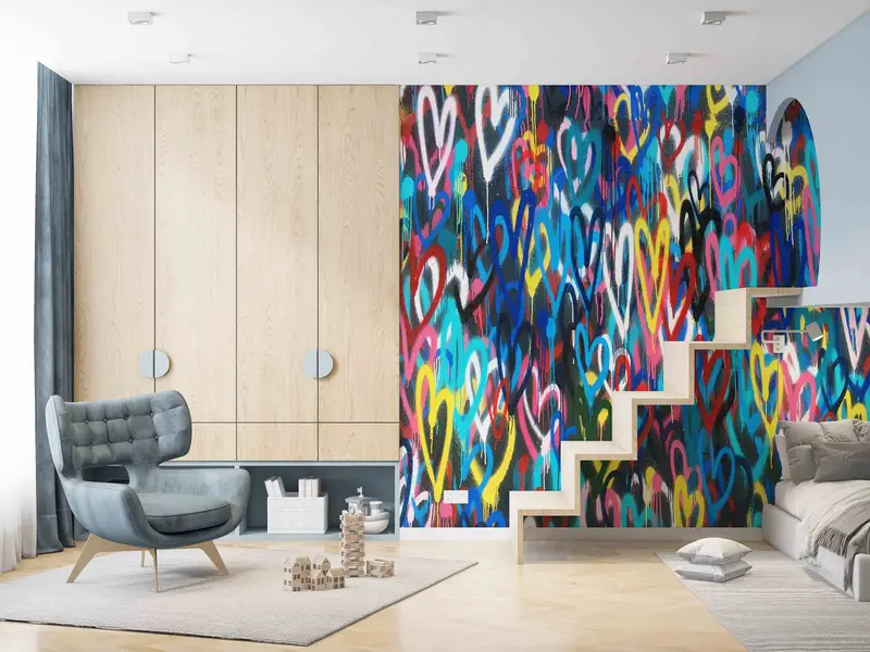 Bedruckte Tapete: Banksy Love Hearts, mehrfarbig, künstlerische Eleganz