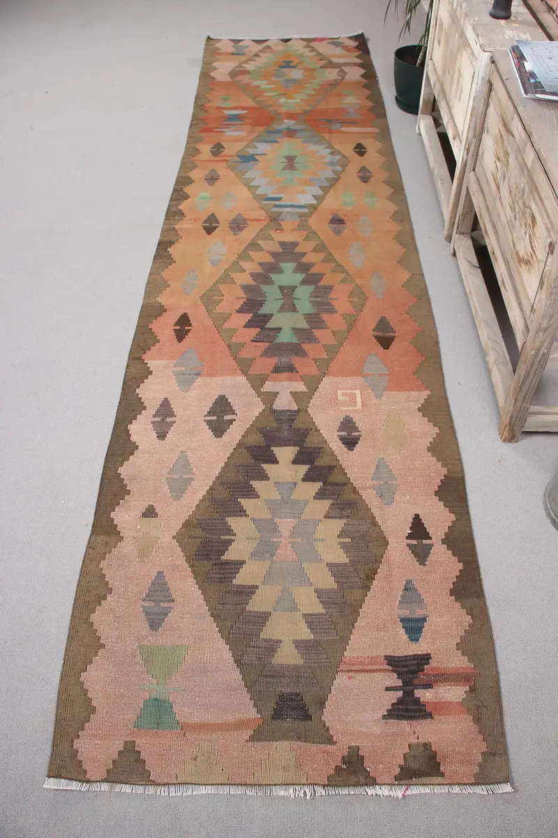 Orange & Green Rug, 2,7x11,1 ft Geometric Floral Design