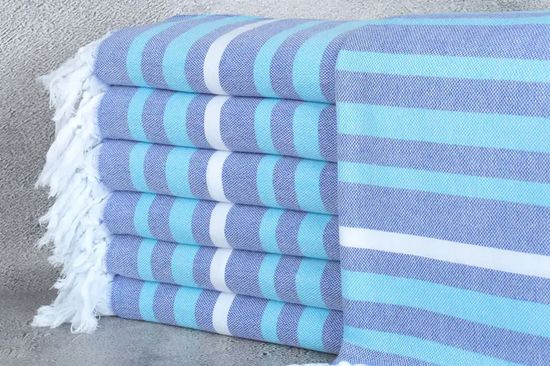 Turkish Bath Towel Navy Blue-Turquoise Striped, 40x71 Inches