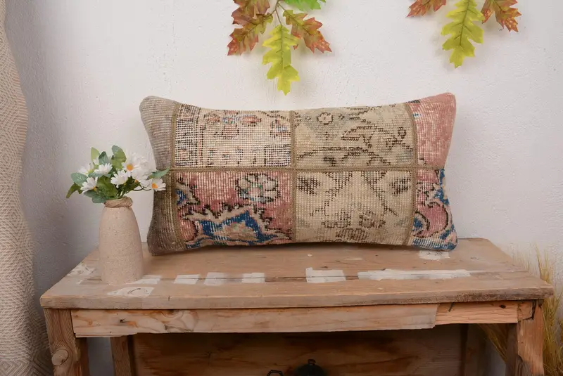 Blue & Red Patchwork Throw Pillow, 12x24 Embroidered Pillow