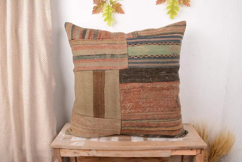 Beige & Brown Patchwork Throw Pillow, Handmade Embroidered Cushion