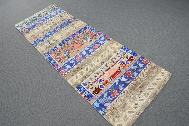 2.3x7 ft Oushak Turkish Rug, Blue Moroccan Vintage Rug Wool - 1