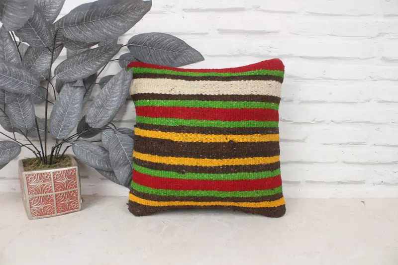 Gift Pillow, Vintage Kilim Pillow, Anatolian Pillow, 14x14 Green Pillow, Cushion Case, Wool Kilim Pillow Cushion Cover, Pillow for Couch - 1