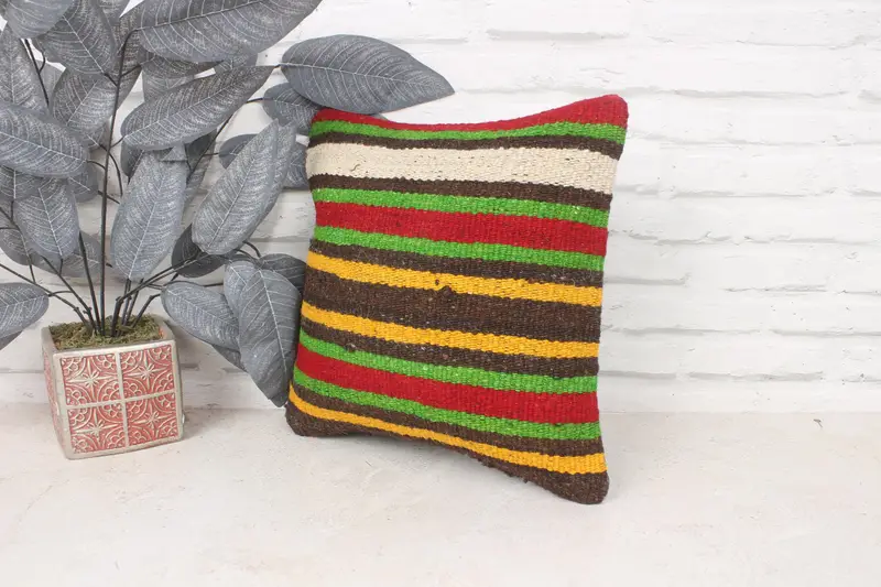 Gift Pillow, Vintage Kilim Pillow, Anatolian Pillow, 14x14 Green Pillow, Cushion Case, Wool Kilim Pillow Cushion Cover, Pillow for Couch - 4